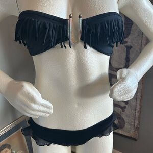La Hearts Black Fringe Bandeau Bikini with Metallic Accent